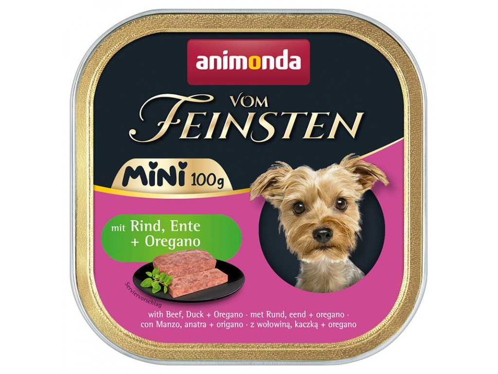 Animonda Vom Feinsten MINI paštika hovězí, kachna a oregáno pro psy 100g z kategorie Chovatelské potřeby a krmiva pro psy > Krmiva pro psy > Vaničky, paštiky pro psy