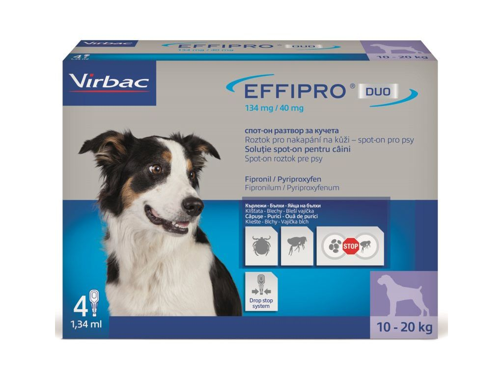 Effipro DUO Dog M (10-20kg) 134/40 mg 4x1,34ml z kategorie Chovatelské potřeby a krmiva pro psy > Antiparazitika pro psy > Pipety (Spot On) pro psy