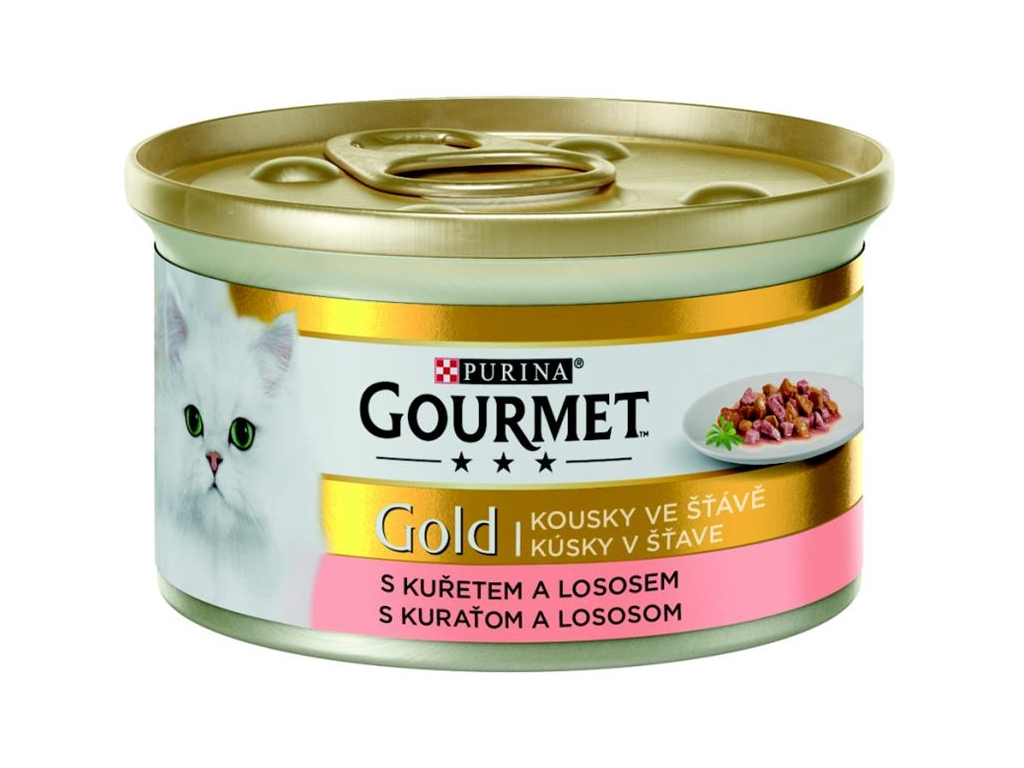 Gourmet Gold kousky losos a kuře ve šťávě 85g z kategorie Chovatelské potřeby a krmiva pro kočky > Krmivo a pamlsky pro kočky > Konzervy pro kočky