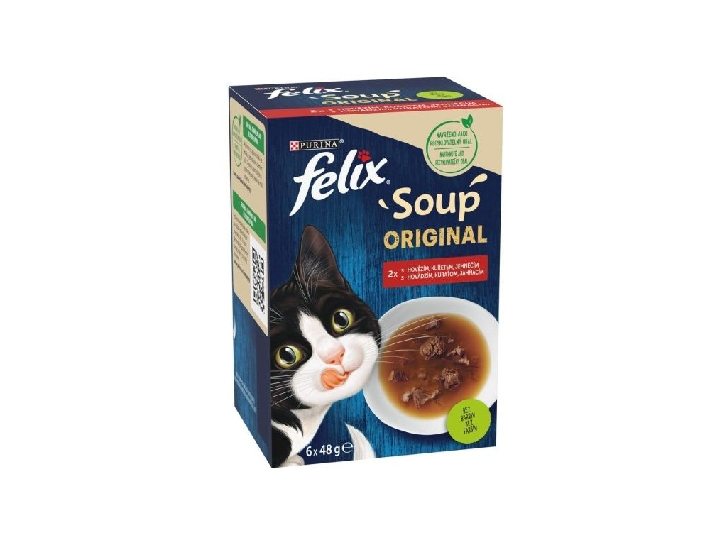 Felix Soup Multipack hovězí, kuřecí a jehněčí 6x48g z kategorie Chovatelské potřeby a krmiva pro kočky > Krmivo a pamlsky pro kočky > Polévky a drinky pro kočky
