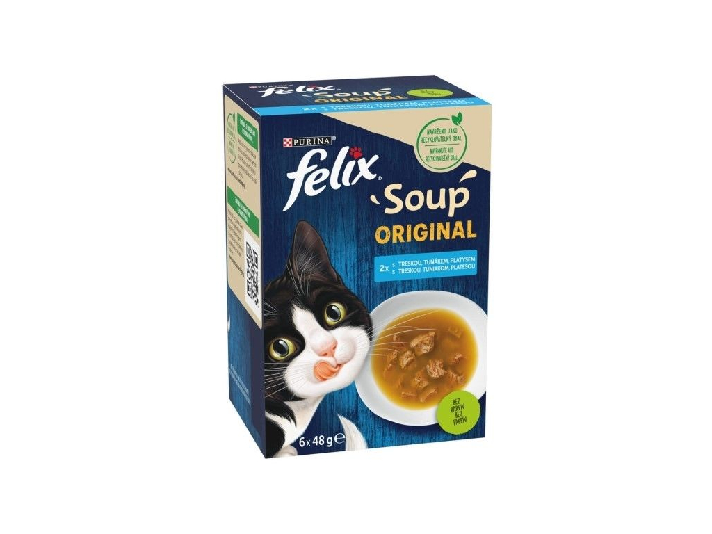 Felix Soup Multipack treska, tuňák a platýs 6x48g z kategorie Chovatelské potřeby a krmiva pro kočky > Krmivo a pamlsky pro kočky > Polévky a drinky pro kočky