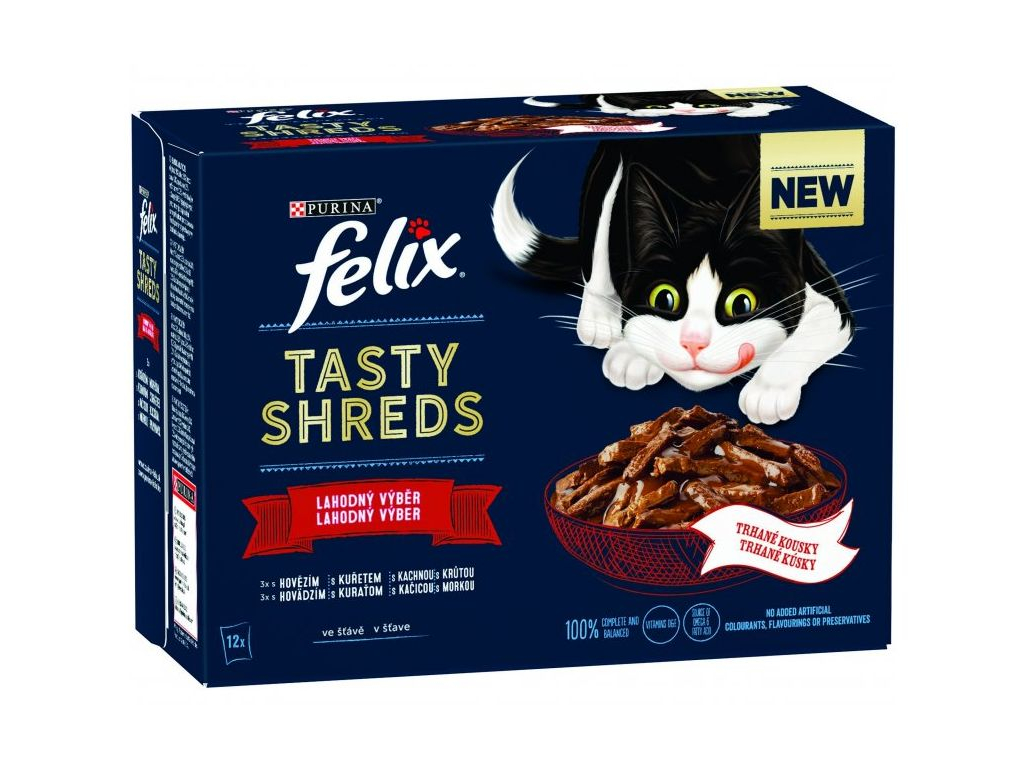 Felix Tasty Shreds Multipack hovězí, kuře, kachna a krůta ve šťávě 12x80g z kategorie Chovatelské potřeby a krmiva pro kočky > Krmivo a pamlsky pro kočky > Kapsičky pro kočky