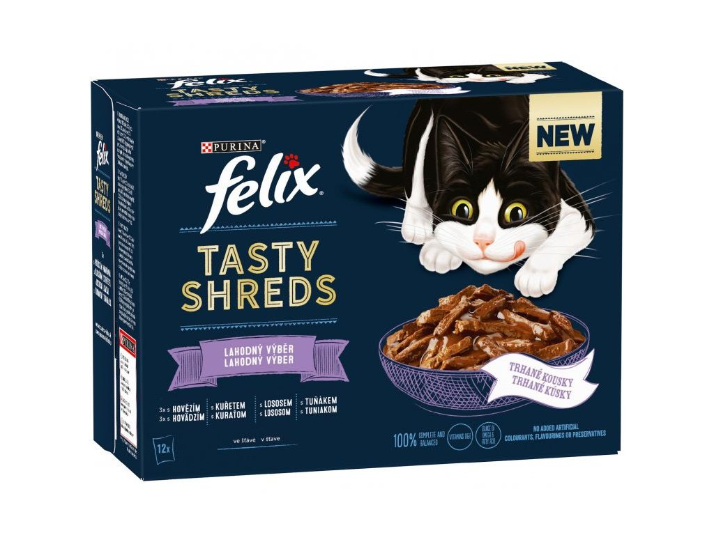Felix Tasty Shreds Multipack hovězí, kuře, losos a tuňák ve šťávě 12x80g z kategorie Chovatelské potřeby a krmiva pro kočky > Krmivo a pamlsky pro kočky > Kapsičky pro kočky