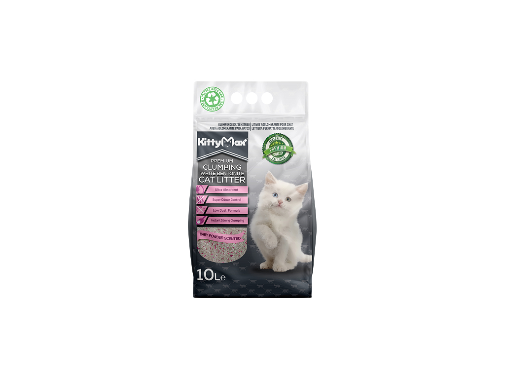 KITTYMAX hrudkující, bezprašný bílý bentonit BABY POWDER 10 l z kategorie Chovatelské potřeby a krmiva pro kočky > Toalety, steliva pro kočky > Steliva kočkolity pro kočky