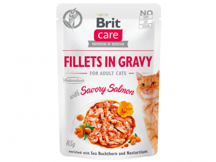 Brit Care Cat Fillets in Gravy Savory Salmon 85g z kategorie Chovatelské potřeby a krmiva pro kočky > Krmivo a pamlsky pro kočky > Kapsičky pro kočky