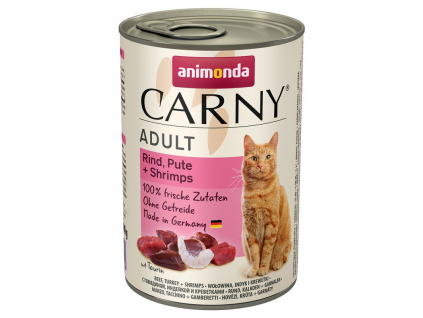 Animonda Carny Adult hovězí, krůtí a krevety 400g z kategorie Chovatelské potřeby a krmiva pro kočky > Krmivo a pamlsky pro kočky > Konzervy pro kočky