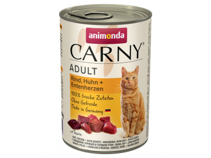 Animonda Carny Adult hovězí, kuře a kachní srdce 400g z kategorie Chovatelské potřeby a krmiva pro kočky > Krmivo a pamlsky pro kočky > Konzervy pro kočky