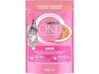 Purina ONE Junior minifiletky s lososem a mrkví ve šťávě 1