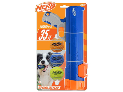 NERF DOG Hračka pro psy Blaster 30 cm bez klipu na míček + 3 ks pískacích tenisových míčků 5 cm