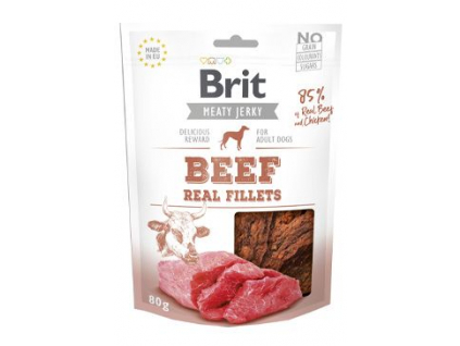 Brit pamlsky Jerky Beef Fillets 80 g z kategorie Chovatelské potřeby a krmiva pro psy > Pamlsky pro psy > Sušená masíčka pro psy