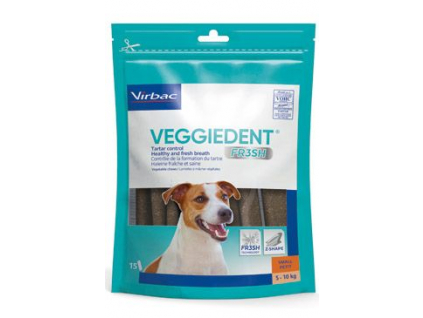 Virbac Veggiedent žvýkací plátky S (5-10kg) 15ks z kategorie Chovatelské potřeby a krmiva pro psy > Hygiena a kosmetika psa > Péče o psí zuby