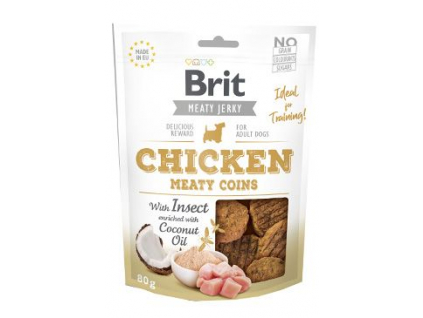 Brit pamlsky Jerky Chicken with Insect Meaty Coins 80 g z kategorie Chovatelské potřeby a krmiva pro psy > Pamlsky pro psy > Sušená masíčka pro psy