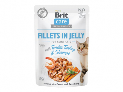 Brit Care Cat Fillets in Jelly with Turkey&Shrimps 85g z kategorie Chovatelské potřeby a krmiva pro kočky > Krmivo a pamlsky pro kočky > Kapsičky pro kočky