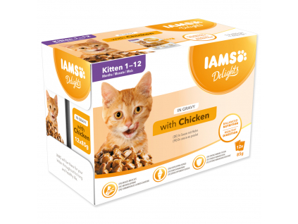 Kapsička IAMS Delights kitten kuře v omáčce multipack (12x85gr) 1020 g z kategorie Chovatelské potřeby a krmiva pro kočky > Krmivo a pamlsky pro kočky > Kapsičky pro kočky