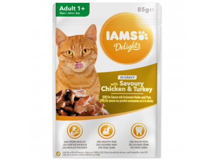 Kapsička IAMS Delights kuře a krůta masem v omáčce 85 g z kategorie Chovatelské potřeby a krmiva pro kočky > Krmivo a pamlsky pro kočky > Kapsičky pro kočky