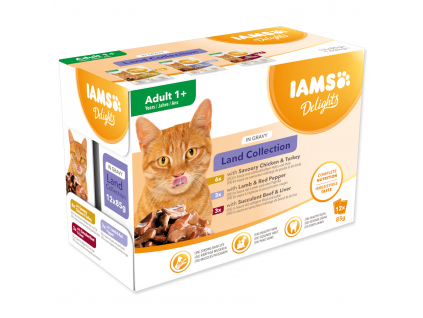 Kapsičky IAMS Delights suchozem. maso v omáčce multipack (12x85gr) 1020 g z kategorie Chovatelské potřeby a krmiva pro kočky > Krmivo a pamlsky pro kočky > Kapsičky pro kočky