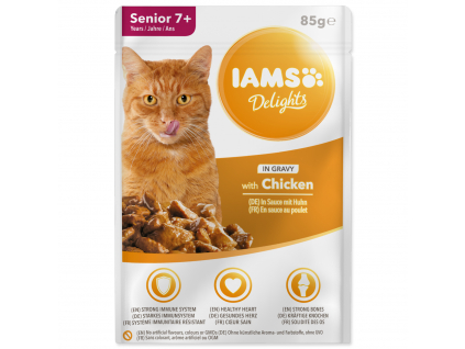 Kapsička IAMS Delights senior kuře v omáčce 85 g z kategorie Chovatelské potřeby a krmiva pro kočky > Krmivo a pamlsky pro kočky > Kapsičky pro kočky