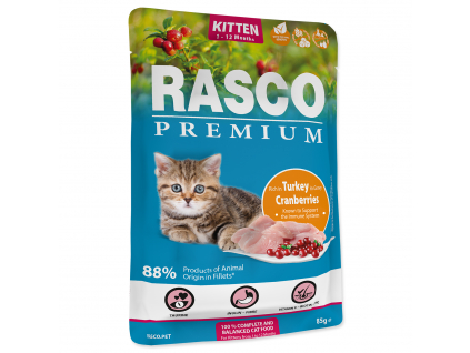 Kapsička RASCO Premium Cat Pouch Kitten, Turkey, Cranberries 85 g z kategorie Chovatelské potřeby a krmiva pro kočky > Krmivo a pamlsky pro kočky > Kapsičky pro kočky