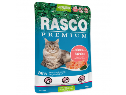 Kapsička RASCO Premium Cat Pouch Sterilized, Salmon, Spirulina 85 g z kategorie Chovatelské potřeby a krmiva pro kočky > Krmivo a pamlsky pro kočky > Kapsičky pro kočky