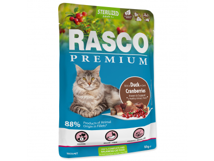 Kapsička RASCO Premium Cat Pouch Sterilized, Duck, Cranberries 85 g z kategorie Chovatelské potřeby a krmiva pro kočky > Krmivo a pamlsky pro kočky > Kapsičky pro kočky