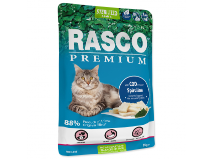 Kapsička RASCO Premium Cat Pouch Sterilized, Cod, Spirulina 85 g z kategorie Chovatelské potřeby a krmiva pro kočky > Krmivo a pamlsky pro kočky > Kapsičky pro kočky