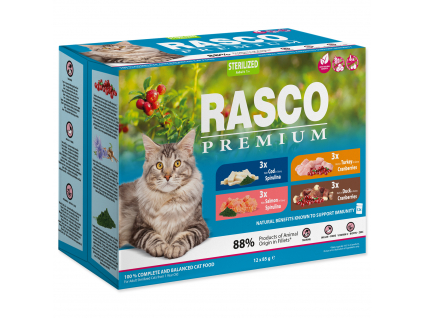 Kapsičky RASCO Premium Cat Pouch Sterilized - 3x salmon, 3x cod, 3x duck, 3x turkey 1020 g z kategorie Chovatelské potřeby a krmiva pro kočky > Krmivo a pamlsky pro kočky > Kapsičky pro kočky