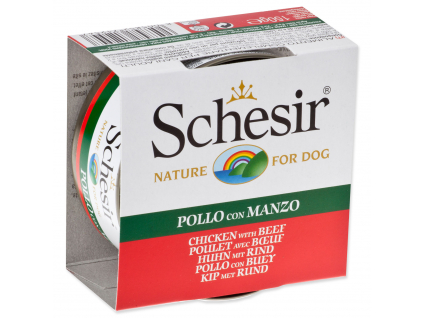 Konzerva SCHESIR Dog kuřecí + hovězí v želé 150 g z kategorie Chovatelské potřeby a krmiva pro psy > Krmiva pro psy > Konzervy pro psy