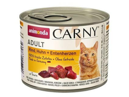 ANIMONDA konzerva CARNY Adult hovězí, kuře, kachní srdce 200g z kategorie Chovatelské potřeby a krmiva pro kočky > Krmivo a pamlsky pro kočky > Konzervy pro kočky