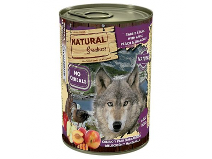 Natural Greatness králík, kachna, jablka, broskve, konzerva pro psy 400 g z kategorie Chovatelské potřeby a krmiva pro psy > Krmiva pro psy > Konzervy pro psy