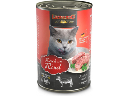 Leonardo Bohaté na hovězí maso 400 g z kategorie Chovatelské potřeby a krmiva pro kočky > Krmivo a pamlsky pro kočky > Konzervy pro kočky