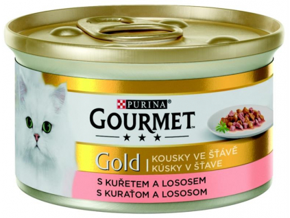 Gourmet Gold kousky losos a kuře ve šťávě 85g z kategorie Chovatelské potřeby a krmiva pro kočky > Krmivo a pamlsky pro kočky > Konzervy pro kočky