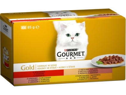 Gourmet Gold Multipack kousky hovězí, krůtí, losos, játra 4x85g z kategorie Chovatelské potřeby a krmiva pro kočky > Krmivo a pamlsky pro kočky > Konzervy pro kočky