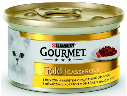 Gourmet Gold kousky hovězí a kuře v rajčatové omáčce 85g z kategorie Chovatelské potřeby a krmiva pro kočky > Krmivo a pamlsky pro kočky > Konzervy pro kočky