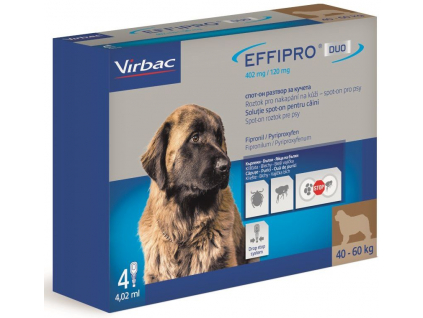 Effipro DUO Dog XL (40-60kg) 402/120 mg 4x4,02ml z kategorie Chovatelské potřeby a krmiva pro psy > Antiparazitika pro psy > Pipety (Spot On) pro psy