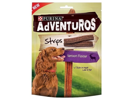 Purina Adventuros Strips s příchutí zvěřiny 90g z kategorie Chovatelské potřeby a krmiva pro psy > Pamlsky pro psy > Tyčinky, salámky pro psy
