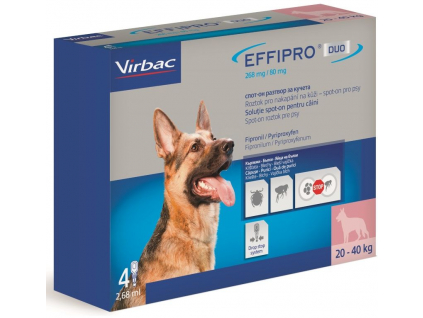 Effipro DUO Dog L (20-40kg) 268/80 mg 4x2,68ml z kategorie Chovatelské potřeby a krmiva pro psy > Antiparazitika pro psy > Pipety (Spot On) pro psy