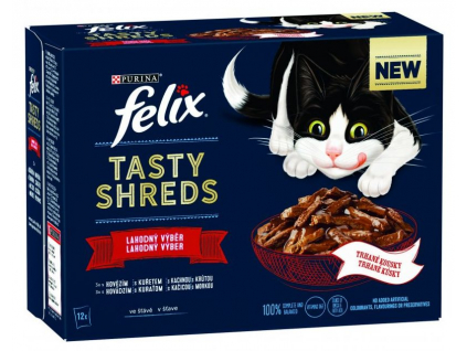 Felix Tasty Shreds Multipack hovězí, kuře, kachna a krůta ve šťávě 12x80g z kategorie Chovatelské potřeby a krmiva pro kočky > Krmivo a pamlsky pro kočky > Kapsičky pro kočky
