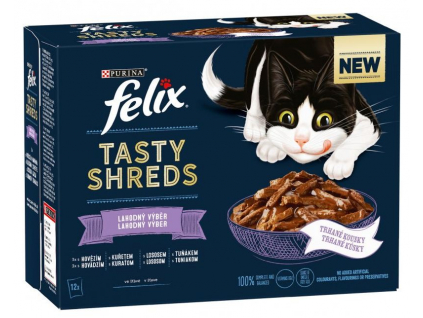 Felix Tasty Shreds Multipack hovězí, kuře, losos a tuňák ve šťávě 12x80g z kategorie Chovatelské potřeby a krmiva pro kočky > Krmivo a pamlsky pro kočky > Kapsičky pro kočky