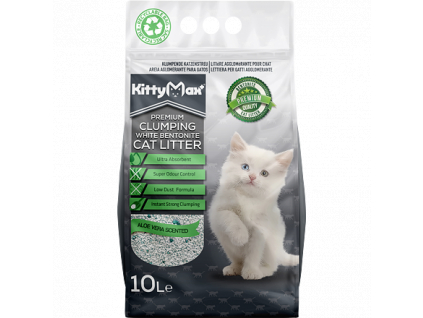 KITTYMAX hrudkující, bezprašný bílý bentonit ALOE VERA 10 l z kategorie Chovatelské potřeby a krmiva pro kočky > Toalety, steliva pro kočky > Steliva kočkolity pro kočky