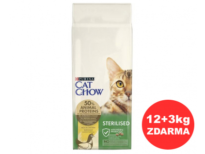 Purina Cat Chow Sterilized kuře 12kg+3kg ZDARMA z kategorie Chovatelské potřeby a krmiva pro kočky > Krmivo a pamlsky pro kočky > Granule pro kočky