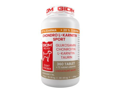 Giom pes Chondro L-karnitin SPORT 360 tbl+20% zdarma z kategorie Chovatelské potřeby a krmiva pro psy > Vitamíny a léčiva pro psy > Pohybový aparát u psů