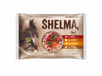 SHELMA Cat kapsička kuře, hovězí, kachna a krůta 4x85g