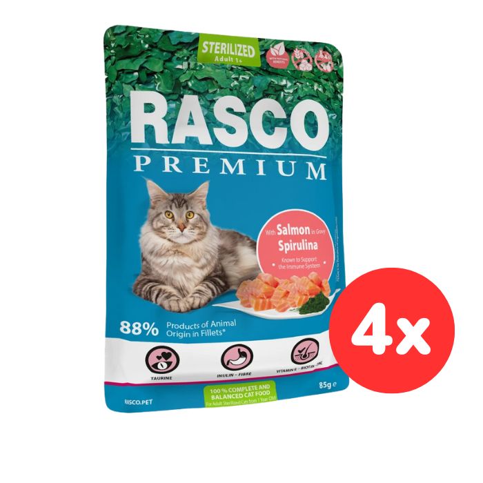 Kapsička RASCO Premium Cat Pouch Sterilized, Salmon, Spirulina 4x85g