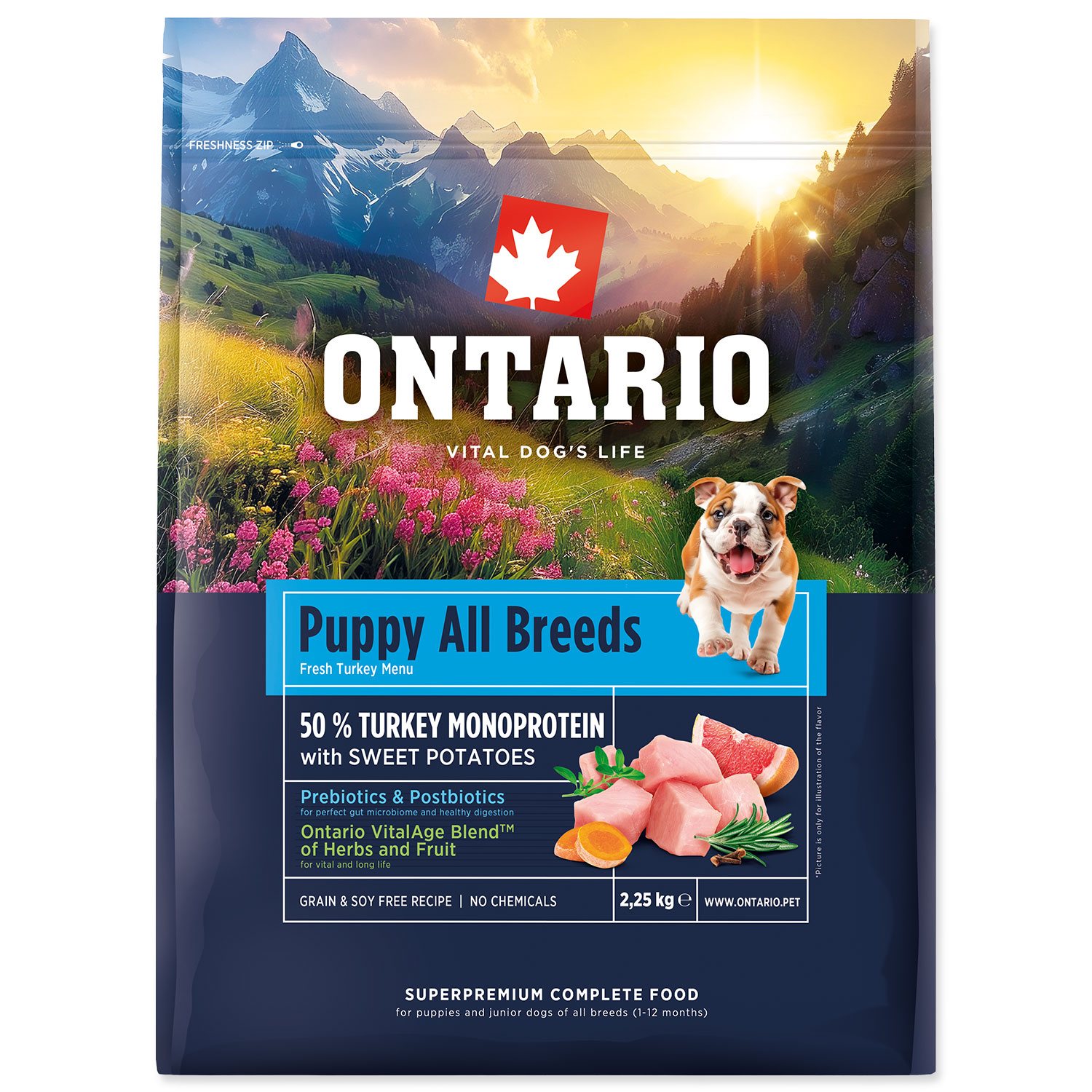 Krmivo Ontario Puppy & Junior All Breeds Monoprotein Turkey & Sweet Potatoes 2,25kg