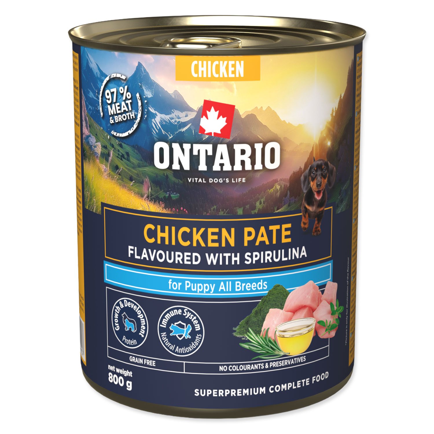 Konzerva Ontario Puppy kuřecí pate s příchutí spiruliny 800g