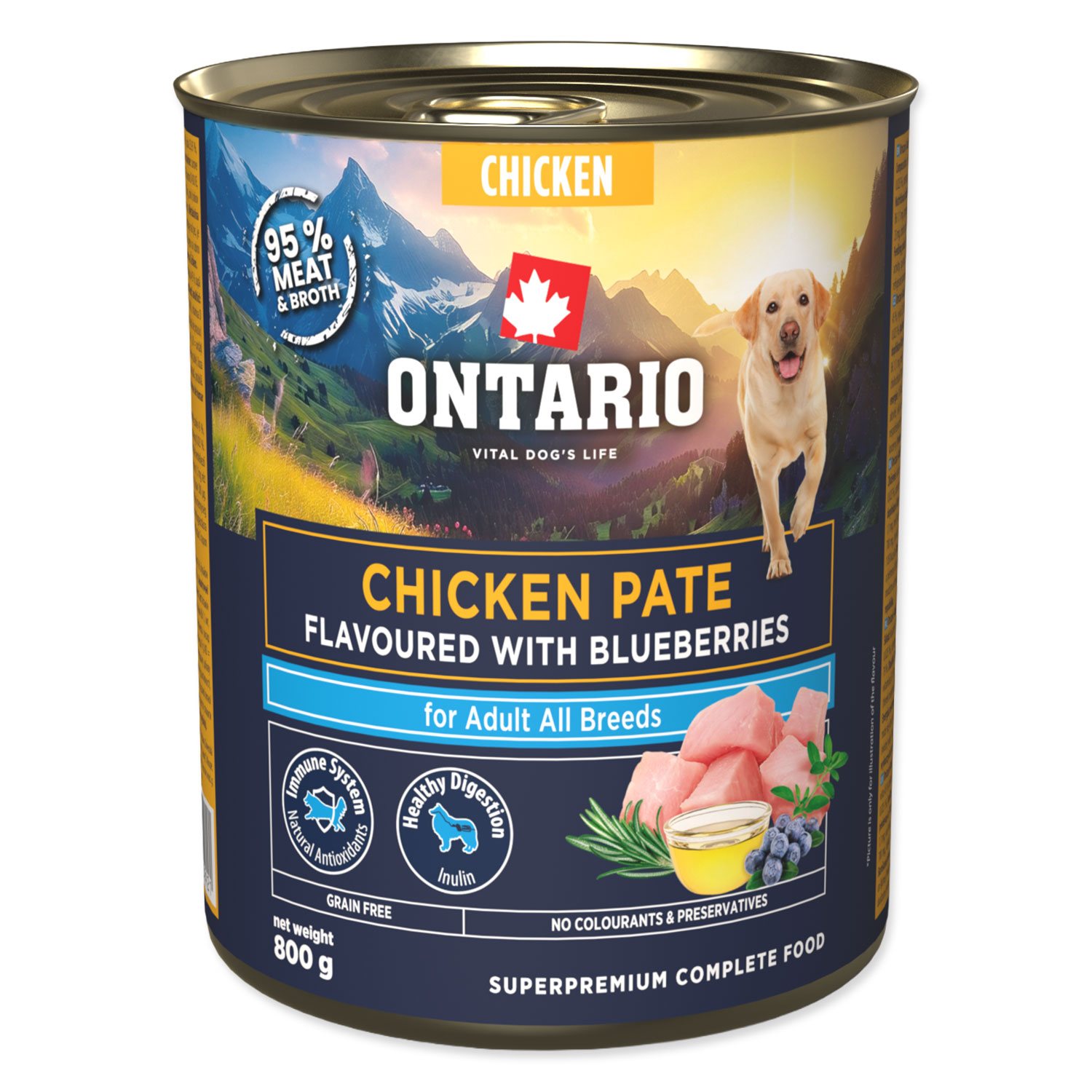 Konzerva Ontario Adult kuřecí pate s příchutí borůvek 800g