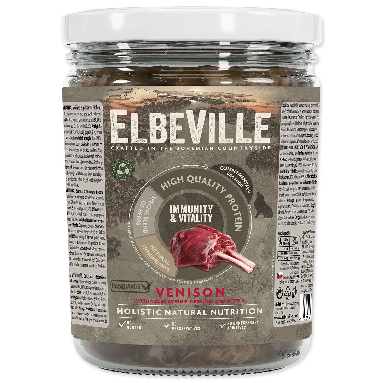 Sklenice Elbeville Dog Imunity & Vitality zvěřina s přidaným šípkem, dobromyslem a kopřivou, 440 ml