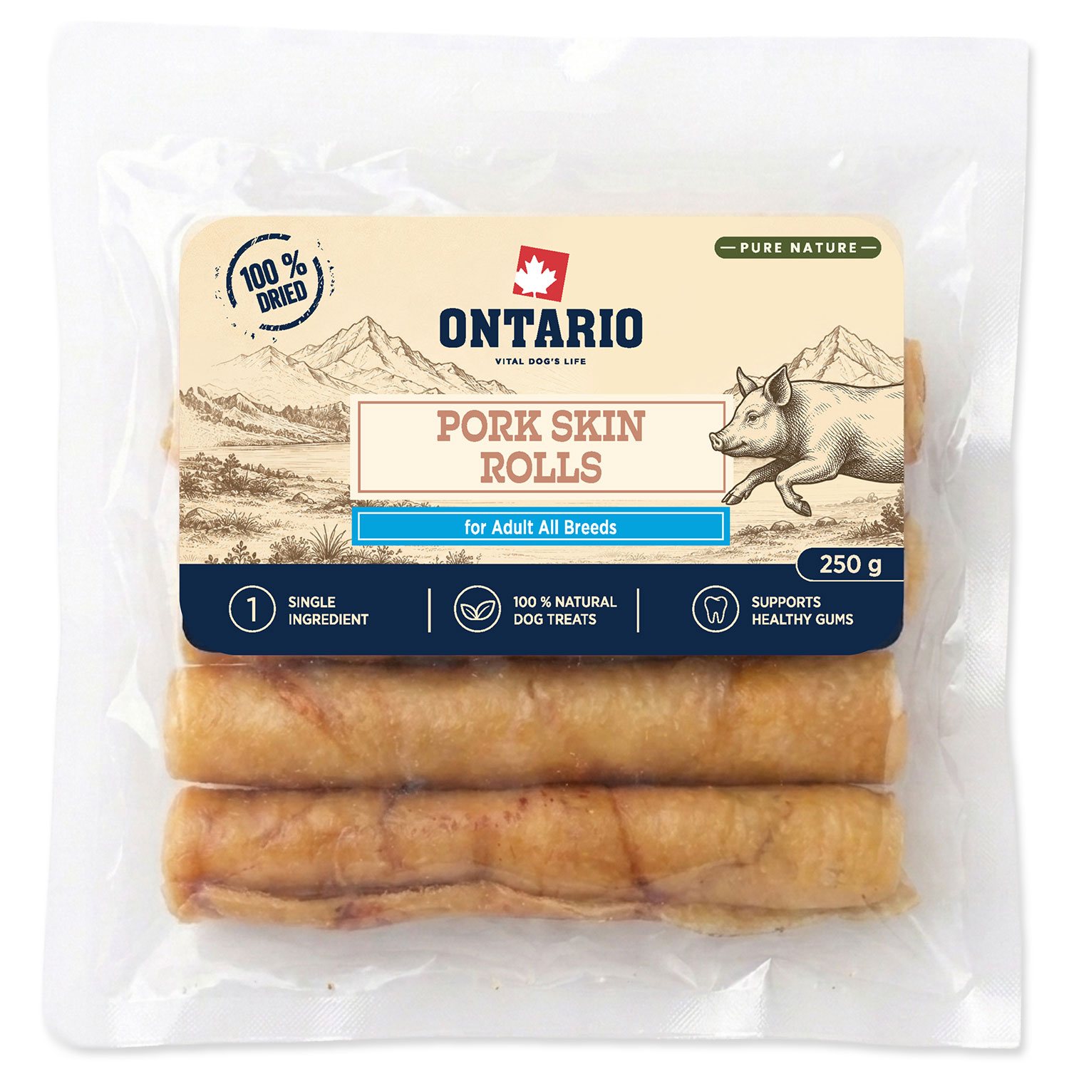 Pochoutka Ontario Pure Nature vepřová kůže rolka sušená 250g