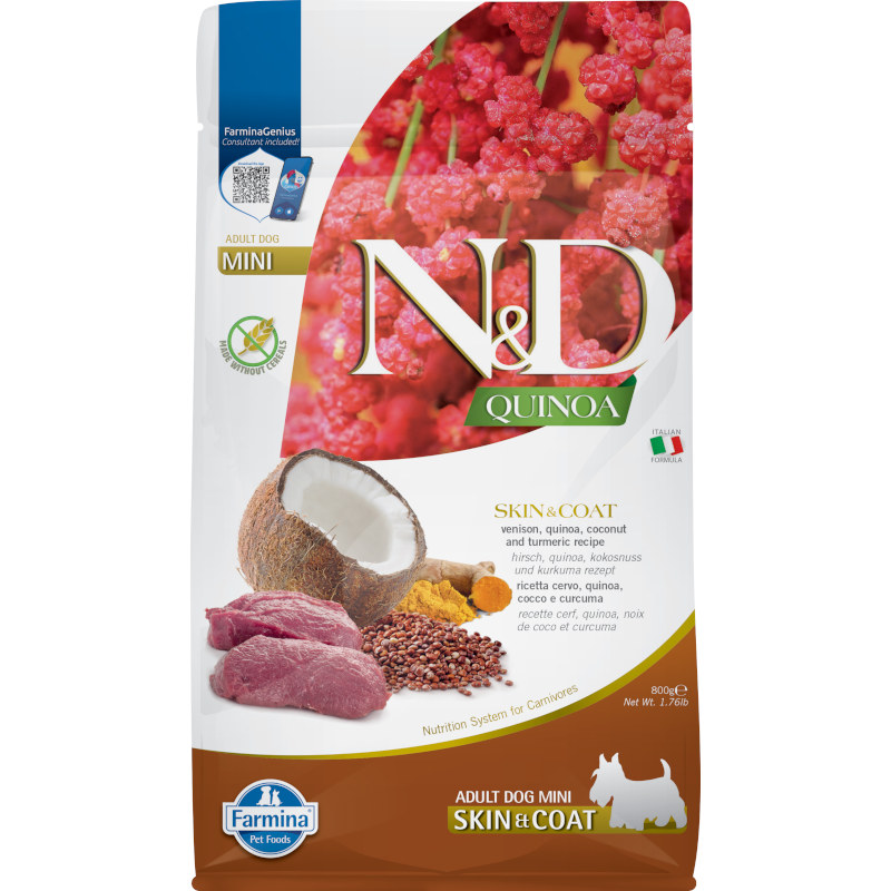 N&D QUINOA Dog GF Skin & Coat, Venison & Coconut Adult Mini 800 g
