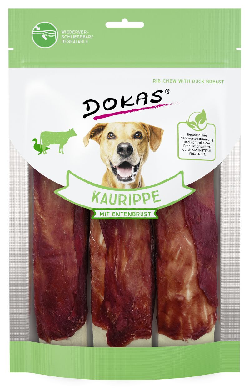 Dokas Žebra z hovězí kůže obalená kachním masem pochoutka pro psy 3ks